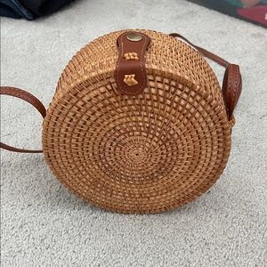 Round Woven Tan Crossbody Bag